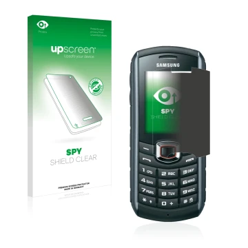 Face avant d’un emballage produit avec le logo de la marque upscreen. À côté, l’appareil Samsung B2710 est représenté avec la 