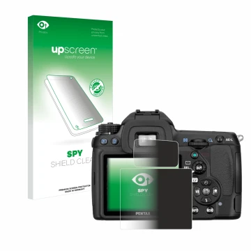 Face avant d’un emballage produit avec le logo de la marque upscreen. À côté, l’appareil Pentax K5, K-5 est représenté avec la