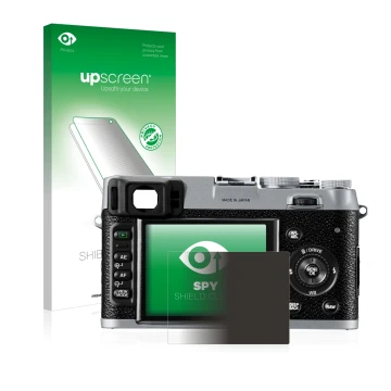 Face avant d’un emballage produit avec le logo de la marque upscreen. À côté, l’appareil Fujifilm FinePix X100 est représenté 