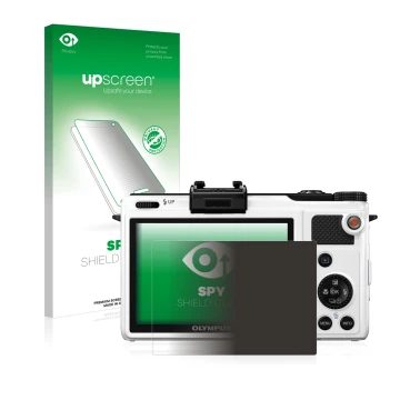 Face avant d’un emballage produit avec le logo de la marque upscreen. À côté, l’appareil Olympus XZ-1 est représenté avec la p