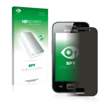 Face avant d’un emballage produit avec le logo de la marque upscreen. À côté, l’appareil Samsung Galaxy Ace S5830 est représen