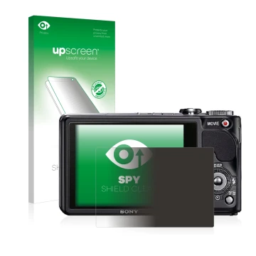 Face avant d’un emballage produit avec le logo de la marque upscreen. À côté, l’appareil Sony Cyber-Shot DSC-HX9V est représen
