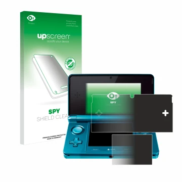 Face avant d’un emballage produit avec le logo de la marque upscreen. À côté, l’appareil Nintendo 3DS est représenté avec la p