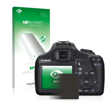 Face avant d’un emballage produit avec le logo de la marque upscreen. À côté, l’appareil Canon EOS 1100D est représenté avec l