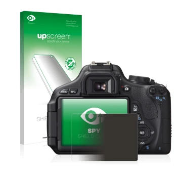 Face avant d’un emballage produit avec le logo de la marque upscreen. À côté, l’appareil Canon EOS 600D est représenté avec la
