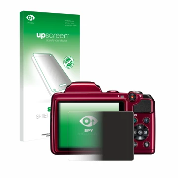 Face avant d’un emballage produit avec le logo de la marque upscreen. À côté, l’appareil Nikon Coolpix L120 est représenté ave