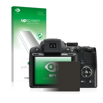 Face avant d’un emballage produit avec le logo de la marque upscreen. À côté, l’appareil Nikon Coolpix P500 est représenté ave
