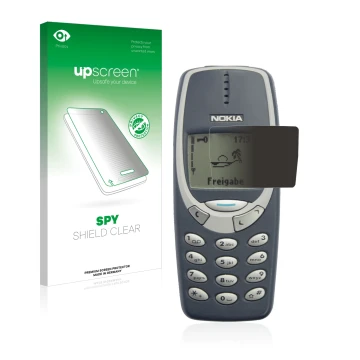 Face avant d’un emballage produit avec le logo de la marque upscreen. À côté, l’appareil Nokia 3310 2011 est représenté avec l