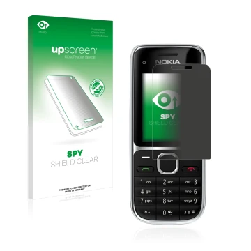 Face avant d’un emballage produit avec le logo de la marque upscreen. À côté, l’appareil Nokia C2-01 est représenté avec la pr