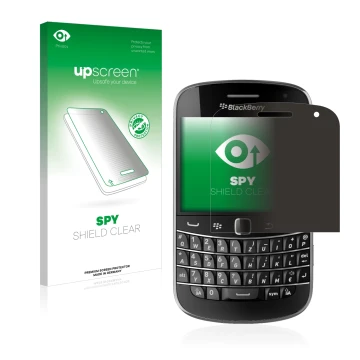 Face avant d’un emballage produit avec le logo de la marque upscreen. À côté, l’appareil RIM BlackBerry Bold Touch 9900 est re