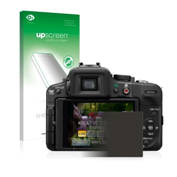 Face avant d’un emballage produit avec le logo de la marque upscreen. À côté, l’appareil Panasonic Lumix DMC-G3 est représenté