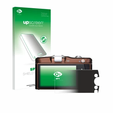 Face avant d’un emballage produit avec le logo de la marque upscreen. À côté, l’appareil Olympus PEN E-PM1 est représenté avec