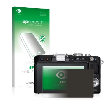 Face avant d’un emballage produit avec le logo de la marque upscreen. À côté, l’appareil Olympus PEN E-PL3 est représenté avec