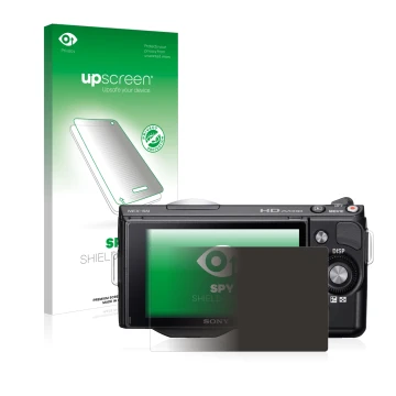 Face avant d’un emballage produit avec le logo de la marque upscreen. À côté, l’appareil Sony Alpha NEX-5N est représenté avec