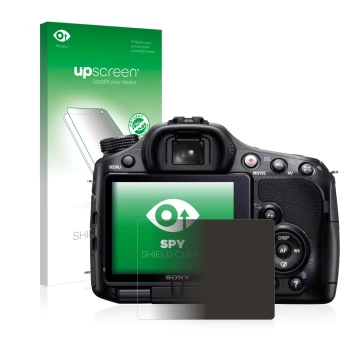 Face avant d’un emballage produit avec le logo de la marque upscreen. À côté, l’appareil Sony Alpha 65V (SLT-A65V) est représe