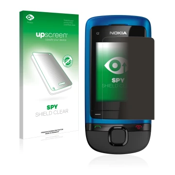 Face avant d’un emballage produit avec le logo de la marque upscreen. À côté, l’appareil Nokia C2-05 est représenté avec la pr