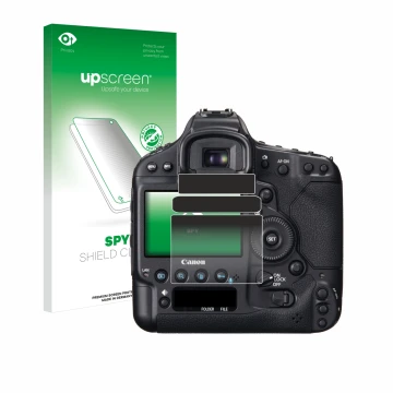Face avant d’un emballage produit avec le logo de la marque upscreen. À côté, l’appareil Canon EOS 1D X est représenté avec la