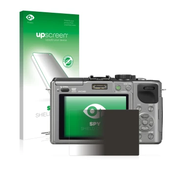 Face avant d’un emballage produit avec le logo de la marque upscreen. À côté, l’appareil Panasonic Lumix DMC-GX1 est représent