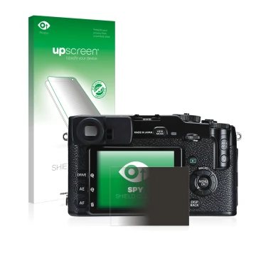 Face avant d’un emballage produit avec le logo de la marque upscreen. À côté, l’appareil Fujifilm X-Pro1 est représenté avec l