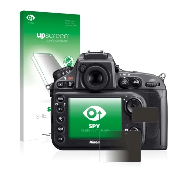 Face avant d’un emballage produit avec le logo de la marque upscreen. À côté, l’appareil Nikon D800 est représenté avec la pro