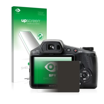 Face avant d’un emballage produit avec le logo de la marque upscreen. À côté, l’appareil Sony Cyber-Shot DSC-HX200V est représ