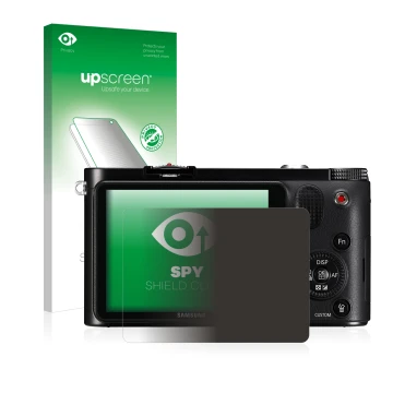 Face avant d’un emballage produit avec le logo de la marque upscreen. À côté, l’appareil Samsung NX1000 est représenté avec la