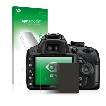 Face avant d’un emballage produit avec le logo de la marque upscreen. À côté, l’appareil Nikon D3200 est représenté avec la pr