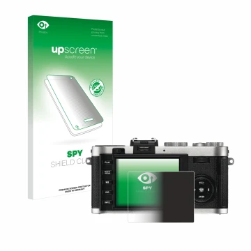 Face avant d’un emballage produit avec le logo de la marque upscreen. À côté, l’appareil Leica X2 est représenté avec la prote