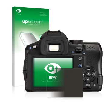 Face avant d’un emballage produit avec le logo de la marque upscreen. À côté, l’appareil Pentax K-30 est représenté avec la pr