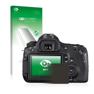 Face avant d’un emballage produit avec le logo de la marque upscreen. À côté, l’appareil Canon EOS 650D est représenté avec la