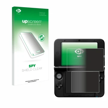 Face avant d’un emballage produit avec le logo de la marque upscreen. À côté, l’appareil Nintendo 3DS XL SPM7800 est représent