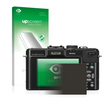 Face avant d’un emballage produit avec le logo de la marque upscreen. À côté, l’appareil Panasonic Lumix DMC-LX7 est représent