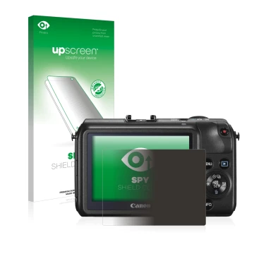 Face avant d’un emballage produit avec le logo de la marque upscreen. À côté, l’appareil Canon EOS M est représenté avec la pr