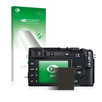 Face avant d’un emballage produit avec le logo de la marque upscreen. À côté, l’appareil Fujifilm X-E1 est représenté avec la 