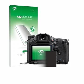Face avant d’un emballage produit avec le logo de la marque upscreen. À côté, l’appareil Sony Alpha 99 est représenté avec la 