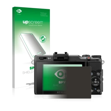 Face avant d’un emballage produit avec le logo de la marque upscreen. À côté, l’appareil Olympus Stylus XZ-2 est représenté av