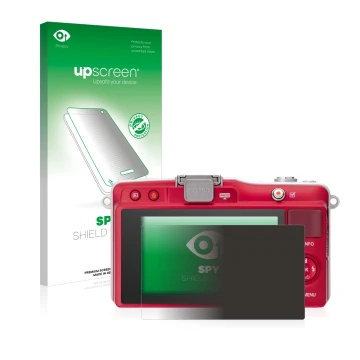 Face avant d’un emballage produit avec le logo de la marque upscreen. À côté, l’appareil Olympus PEN Mini E-PM2 est représenté