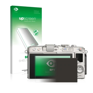 Face avant d’un emballage produit avec le logo de la marque upscreen. À côté, l’appareil Olympus PEN Lite E-PL5 est représenté