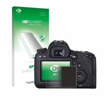 Face avant d’un emballage produit avec le logo de la marque upscreen. À côté, l’appareil Canon EOS 6D est représenté avec la p