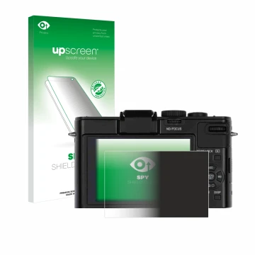 Face avant d’un emballage produit avec le logo de la marque upscreen. À côté, l’appareil Leica D-Lux 6 est représenté avec la 