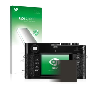 Face avant d’un emballage produit avec le logo de la marque upscreen. À côté, l’appareil Leica M (Typ 240) est représenté avec