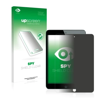 Face avant d’un emballage produit avec le logo de la marque upscreen. À côté, l’appareil Apple iPad Mini 1 2012 est représenté