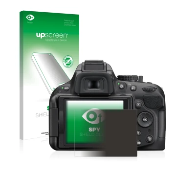 Face avant d’un emballage produit avec le logo de la marque upscreen. À côté, l’appareil Nikon D5200 est représenté avec la pr