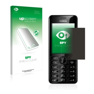 Face avant d’un emballage produit avec le logo de la marque upscreen. À côté, l’appareil Nokia 206 Dual SIM est représenté ave