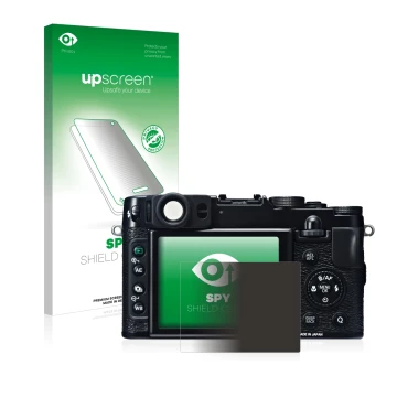 Face avant d’un emballage produit avec le logo de la marque upscreen. À côté, l’appareil Fujifilm X20 est représenté avec la p