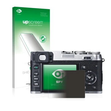 Face avant d’un emballage produit avec le logo de la marque upscreen. À côté, l’appareil Fujifilm X100S est représenté avec la