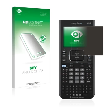 Face avant d’un emballage produit avec le logo de la marque upscreen. À côté, l’appareil Texas Instruments Nspire CX CAS est r