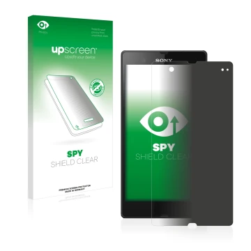 Face avant d’un emballage produit avec le logo de la marque upscreen. À côté, l’appareil Sony Xperia Z C6602 C6603 est représe