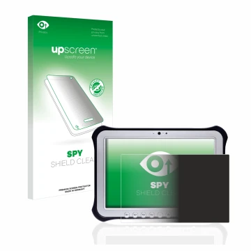 Face avant d’un emballage produit avec le logo de la marque upscreen. À côté, l’appareil Panasonic Toughpad FZ-G1 est représen