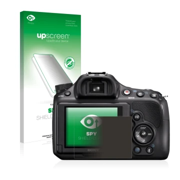 Face avant d’un emballage produit avec le logo de la marque upscreen. À côté, l’appareil Sony Alpha 58 (SLT-A58) est représent